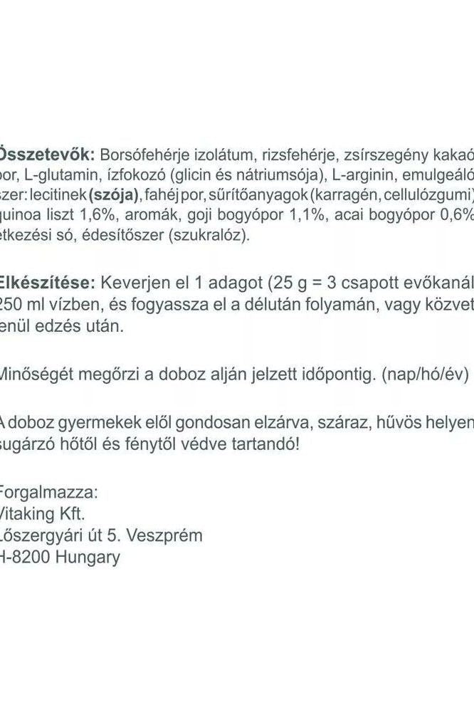 Vitaking vegan protein powder ingredients and preparation instructions in Hungarian language.