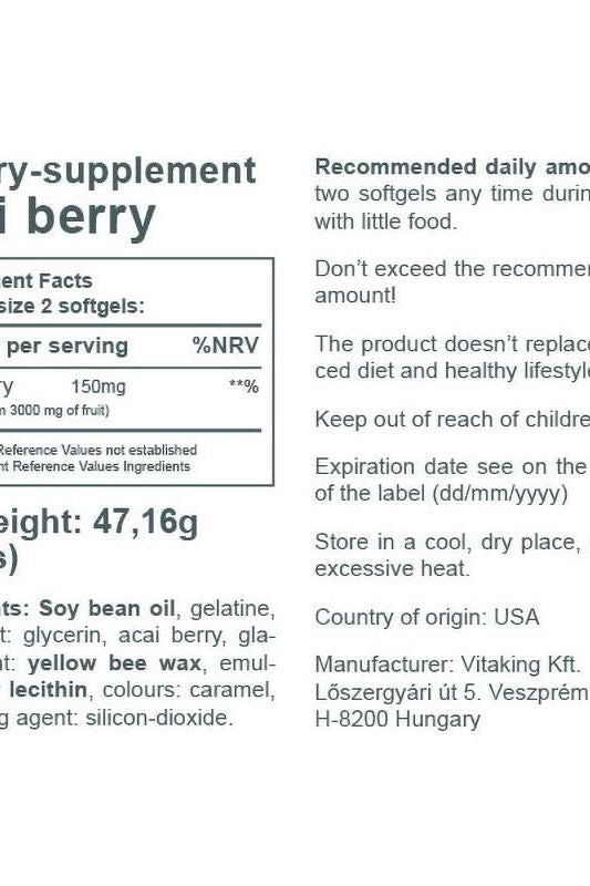 Supplement facts label for Vitaking Acai Berry 3000 mg, detailing ingredients and usage recommendations.