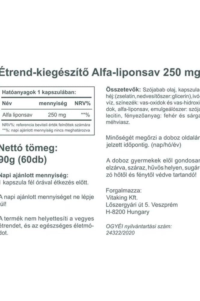 Vitaking ALA-250 Alpha Lipoic Acid 250 mg supplement facts and ingredients label.