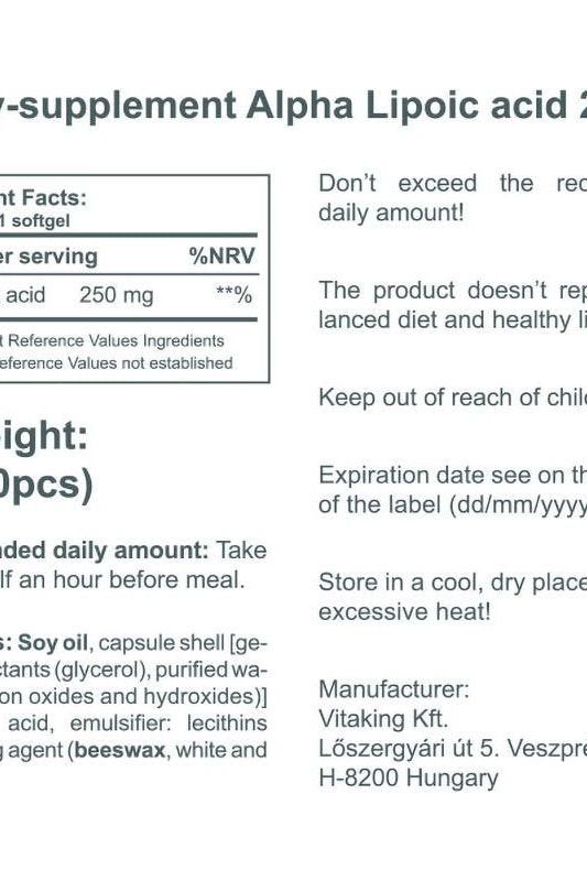 Label for Vitaking ALA-250 Alpha Lipoic Acid 250 mg supplement with usage instructions, ingredient details, and warnings.