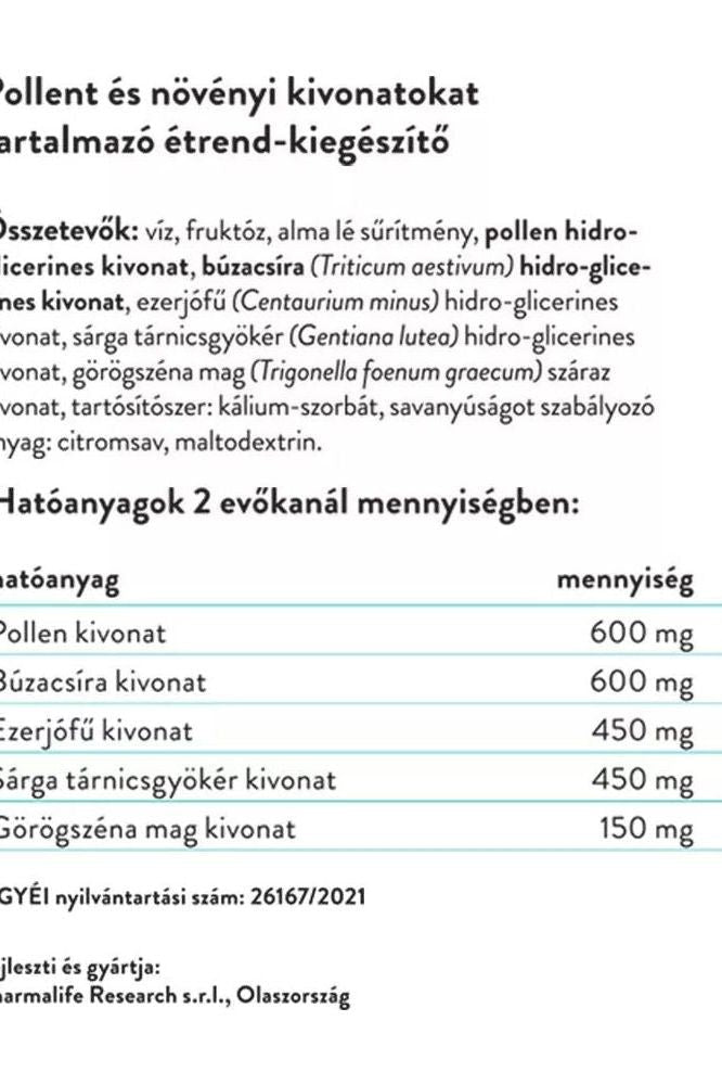 Label of a herbal food supplement highlighting pollen and plant extracts with nutritional information.