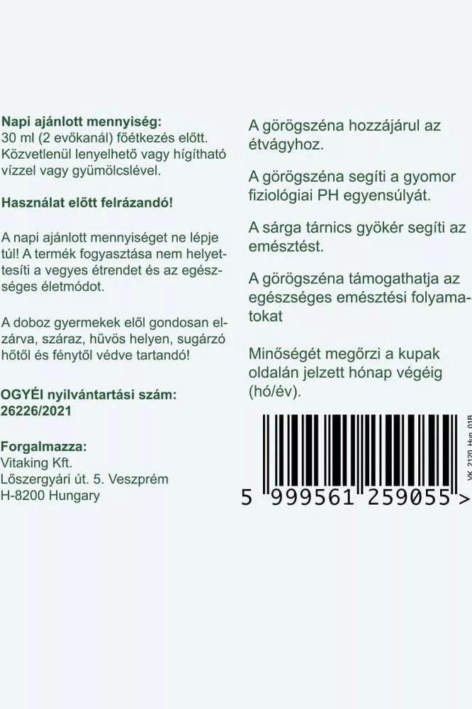 Vitaking Appetito Plus herbal syrup back label, detailing usage instructions and benefits for digestion.