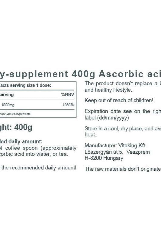 Label for Vitaking Ascorbic Acid Powder, 400g, details on usage and storage instructions.