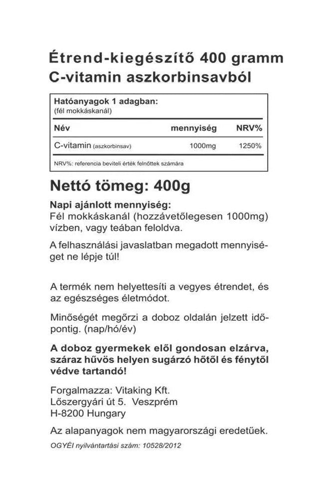 Vitaking Ascorbic Acid Powder 400g packaging details with nutritional information and usage instructions.