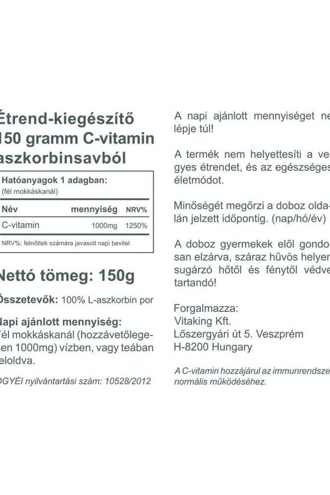Vitaking Ascorbic Acid Powder nutritional information and usage guide, supporting immune function and metabolism.