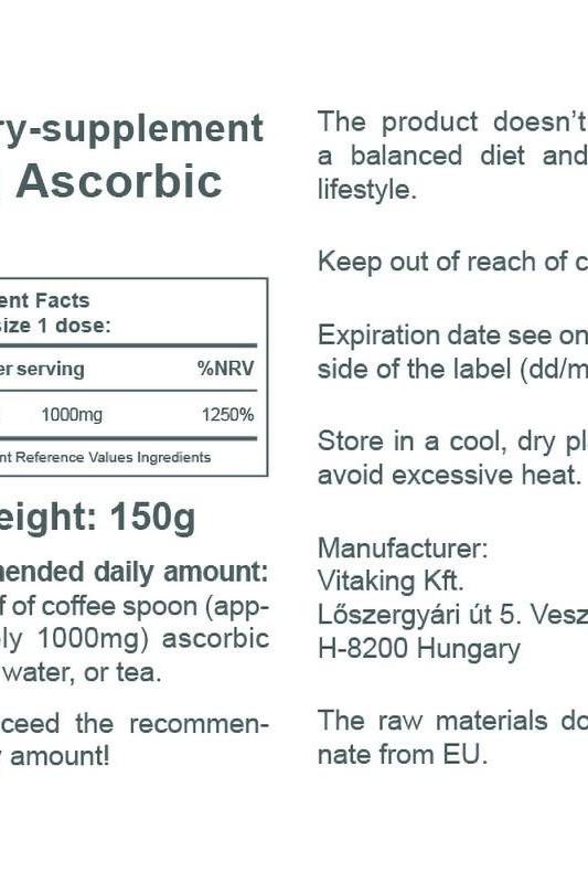 Vitaking Ascorbic Acid Powder supplement facts, including dosage and storage instructions.