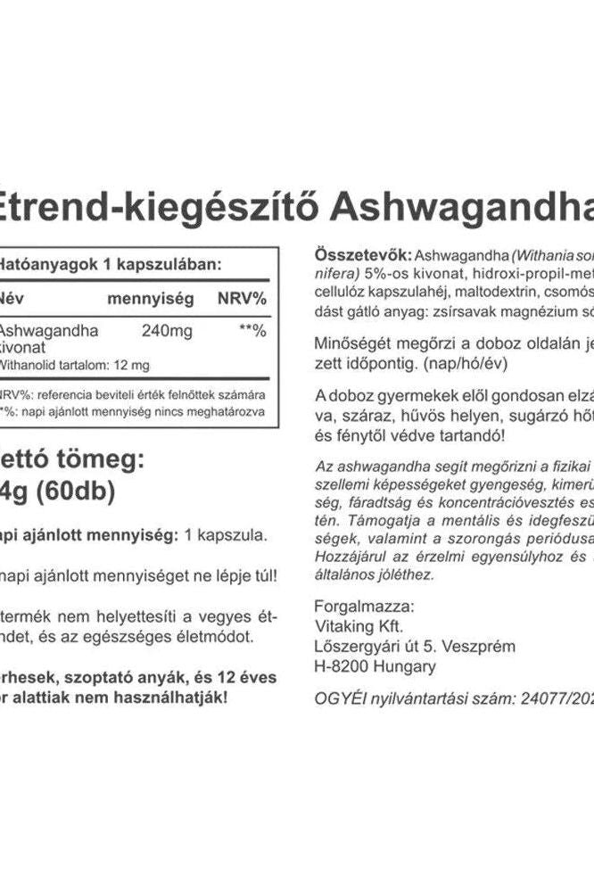 Vitaking Ashwagandha Extract supplement facts label with dosage and benefits.