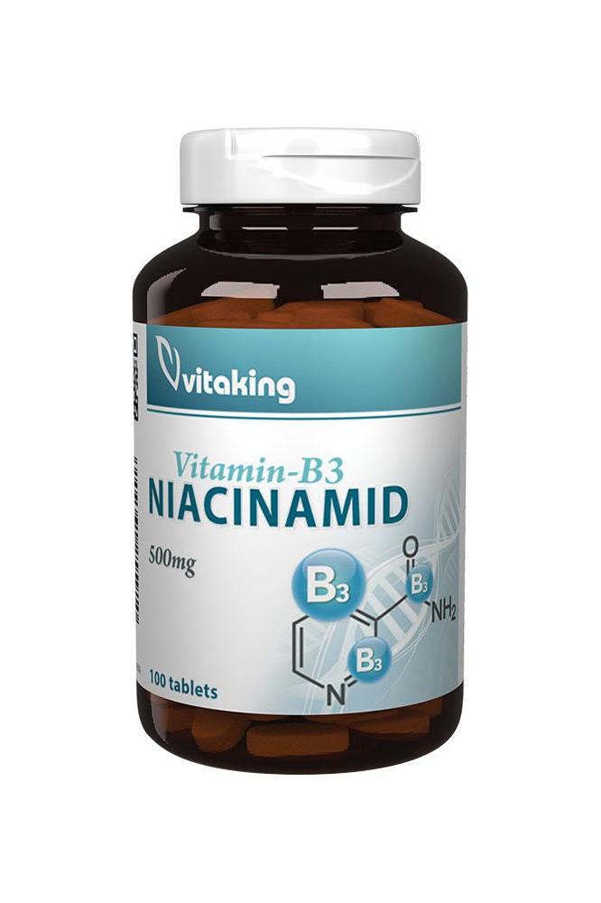 Vitaking B3 Niacinamid 500 mg supplement bottle with 100 tablets, promoting energy production and healthy skin.