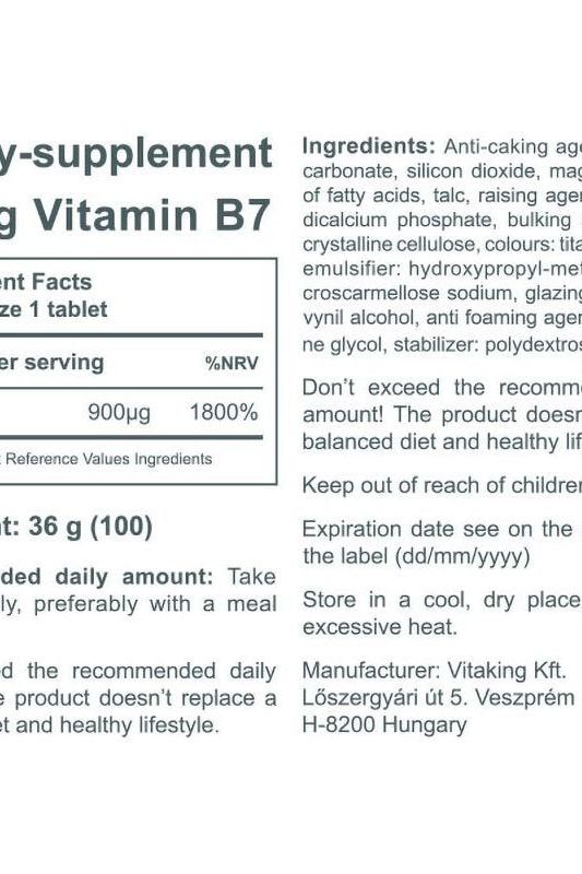Supplement facts and ingredients for Vitaking B7 Biotin 900 mcg - 100 tablets for hair, skin, and nail health.