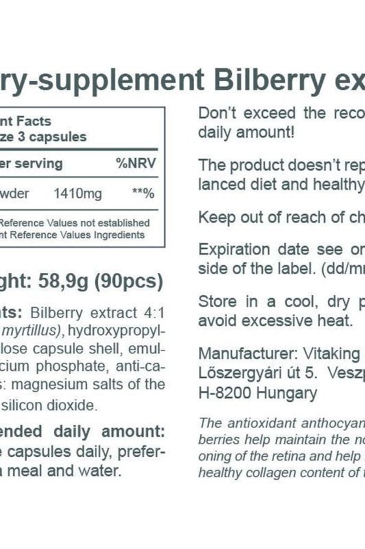 Vitaking Bilberry Extract supplement facts and dosage information; 90 capsules intended for eye health support.
