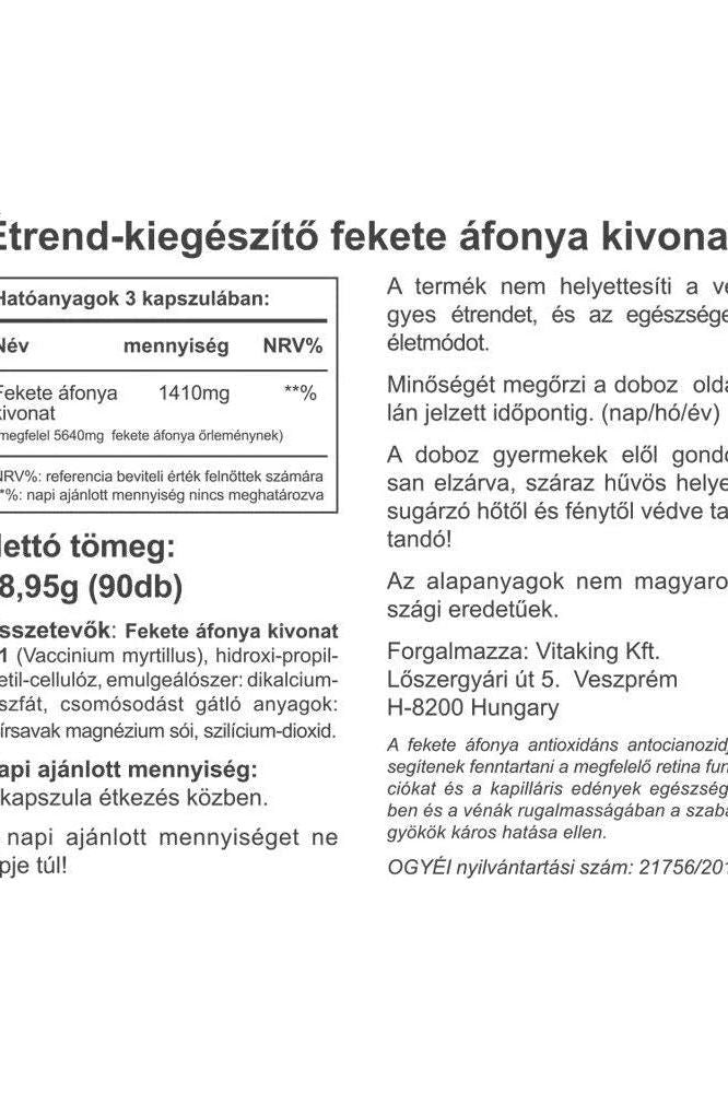 Vitaking Bilberry Extract supplement facts, including ingredients and nutritional information on the label.