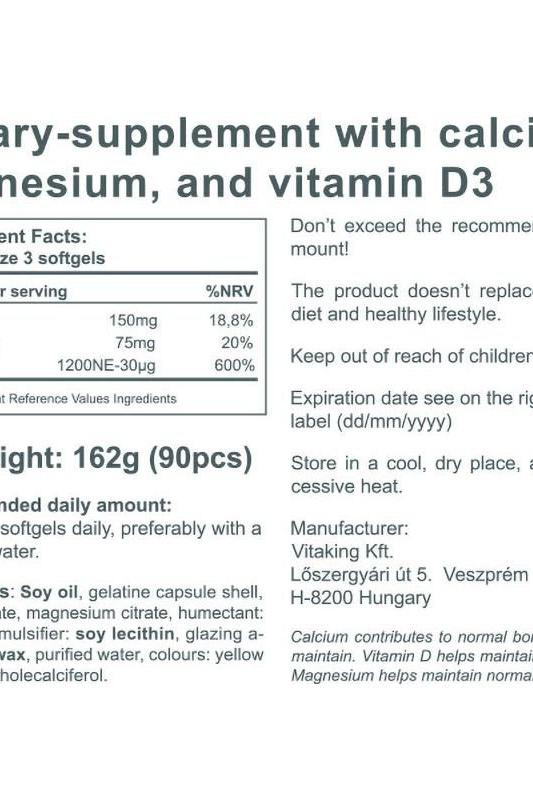 Nutrition facts label for Vitaking CalMag Citrate with Vitamin D3, highlighting ingredients and daily intake recommendations.