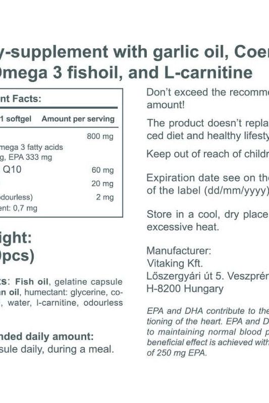 Nutritional information for Vitaking Cardiolic heart support supplement, featuring garlic oil, CoQ10, and omega-3 fatty acids.
