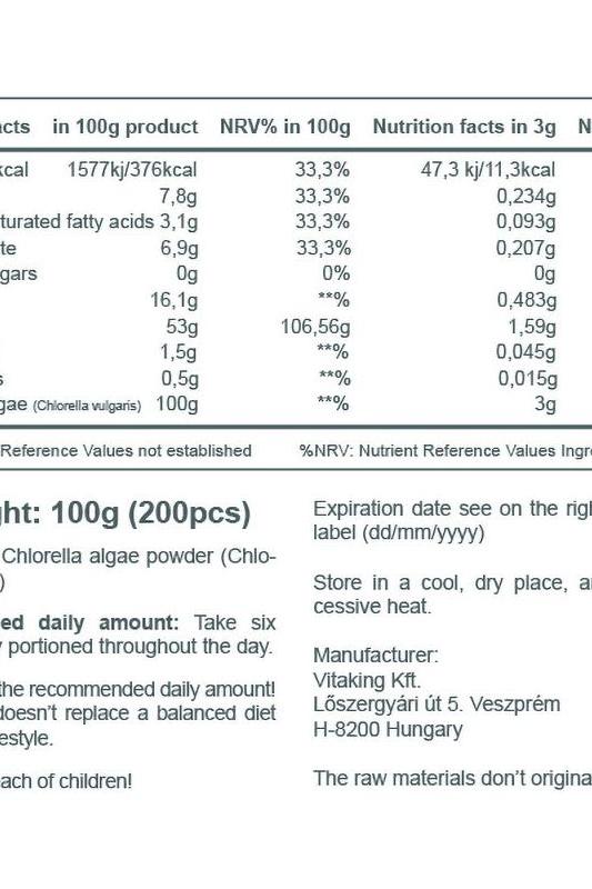 Nutrition facts label for Vitaking Chlorella Blue-Green Algae tablets, showing nutrients and serving information.