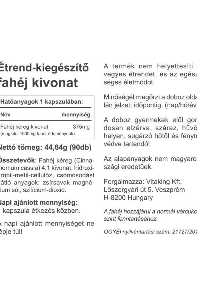 Vitaking Cinnamon 375 mg supplement label details for dietary support and health benefits.