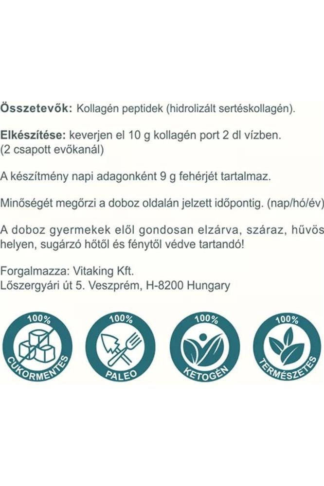 Vitaking Collagen Powder packaging details with ingredients, preparation instructions, and dietary certifications.