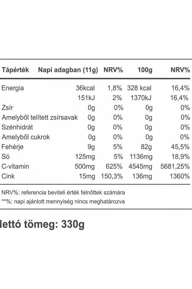 Nutrition facts table for Vitaking Collagen Powder including energy, fat, carbohydrates, protein, vitamins, and minerals.