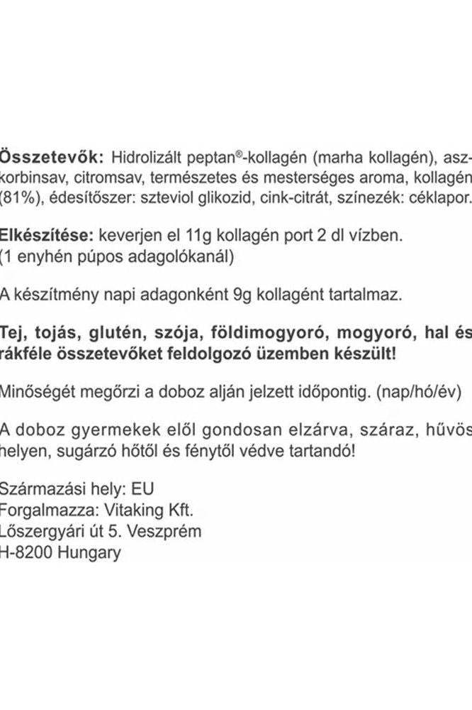 Vitaking Collagen Powder ingredients list in Hungarian detailing benefits and usage instructions.