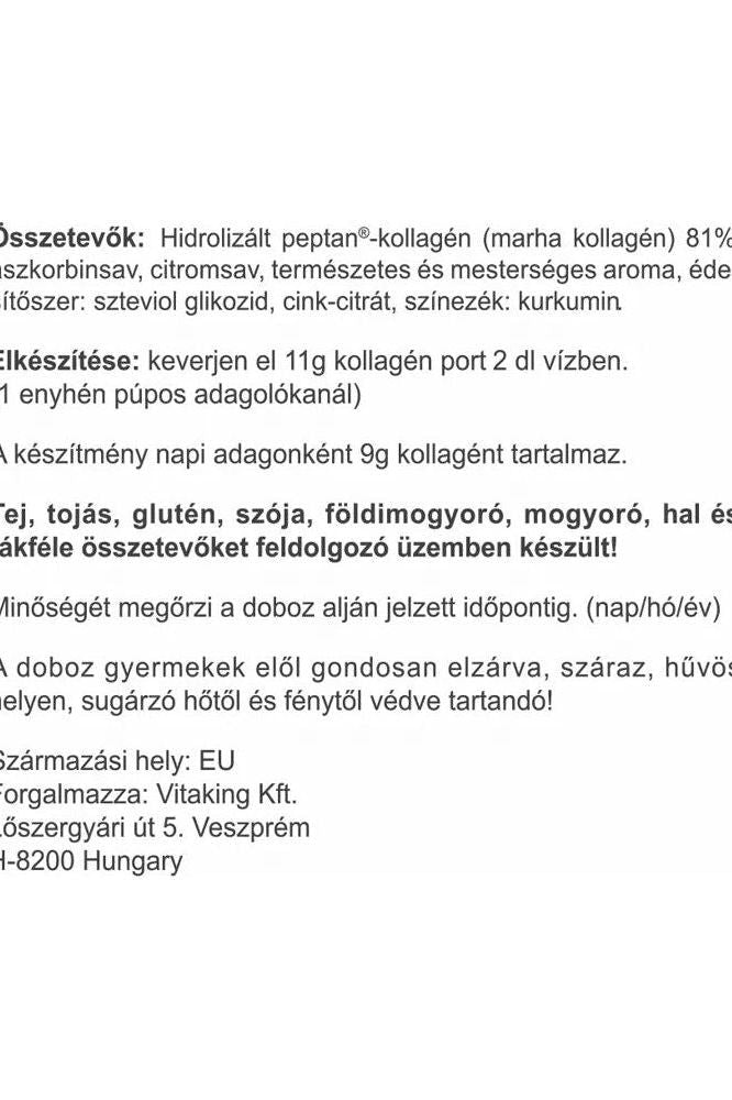 Vitaking kollagenpulver ingredients list, including hydrolyzed collagen and nutritional information in Hungarian.