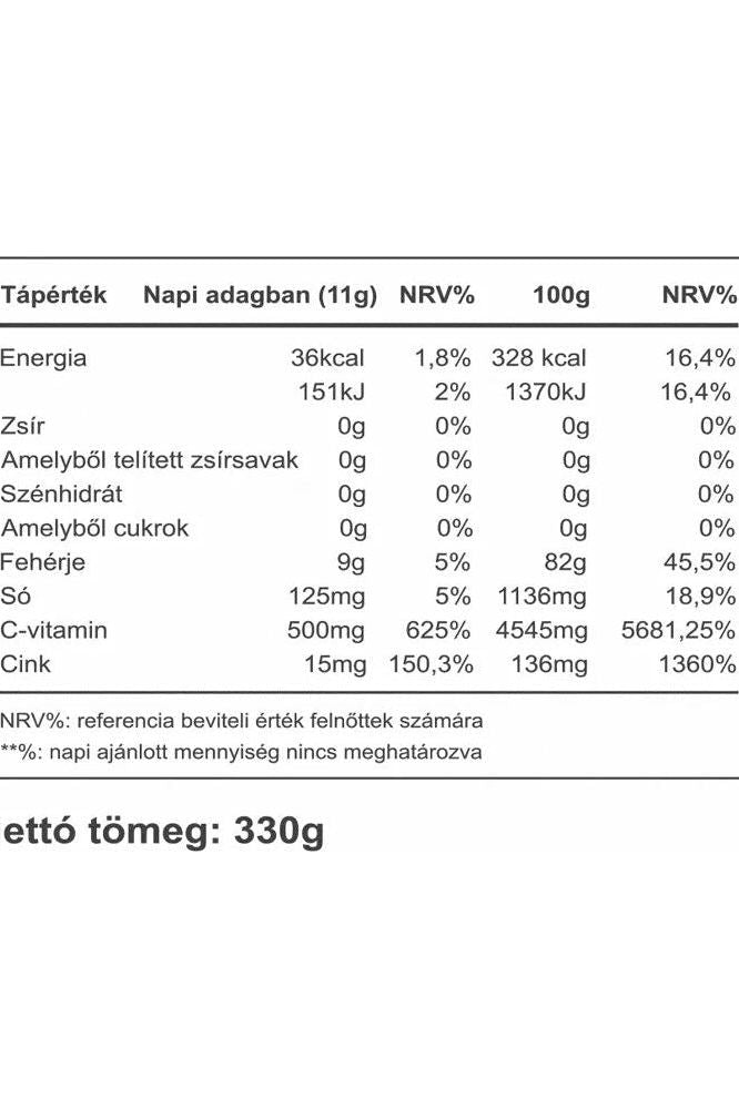 Nutritional information chart for Vitaking collagen powder showing energy, fat, carbohydrates, protein, vitamins, and minerals per serving.