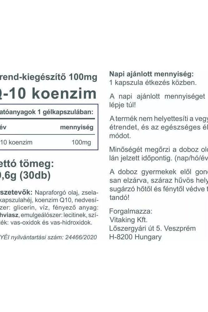 Vitaking CoQ10 100 mg softgel supplement nutritional information label.