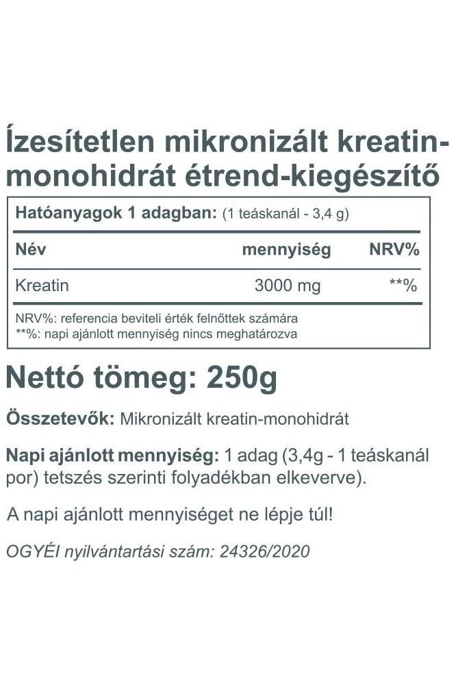 Nutritional information for Vitaking 100% Pure Creatine Monohydrate Powder, 250g package.