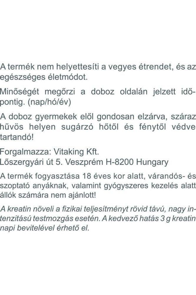 Vitaking Creatine 100% Pure Powder instructions and cautions about supplement usage.