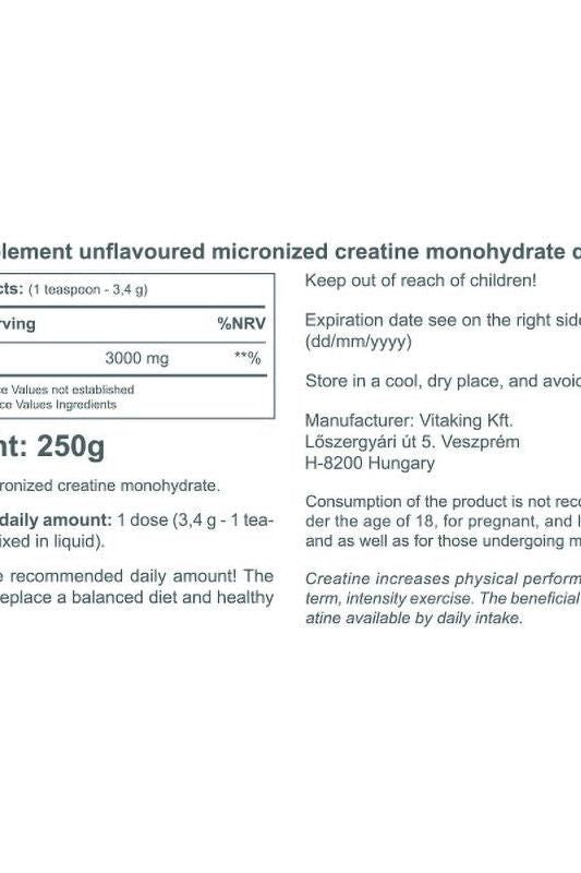 Vitaking Creatine 100% Pure Powder label showcasing ingredients and usage information, 250g pack.