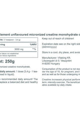 Vitaking Creatine 100% Pure Powder label showcasing ingredients and usage information, 250g pack.
