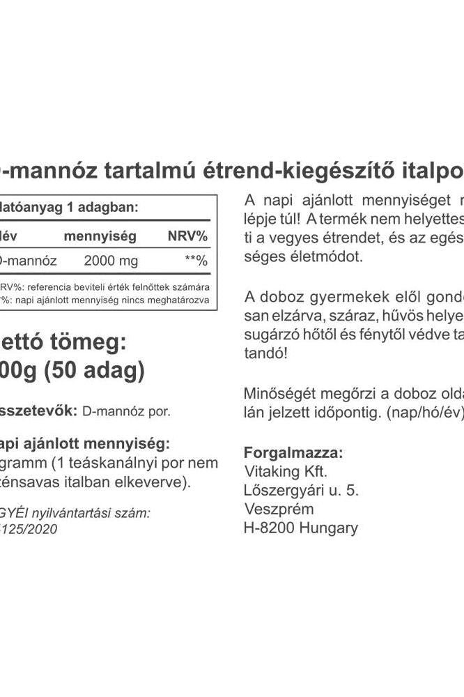 Vitaking D-mannose powder nutritional information label with serving details and ingredients list.