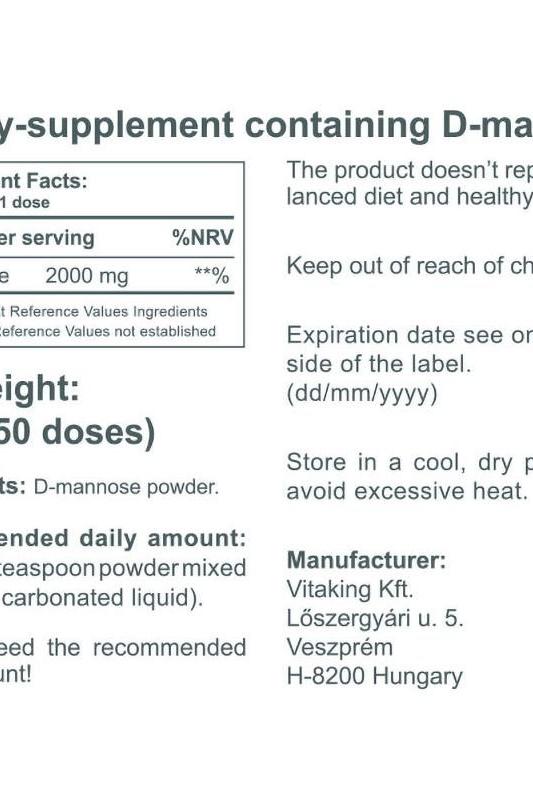 Label for Vitaking D-mannose powder supplement, detailing ingredients and usage instructions.