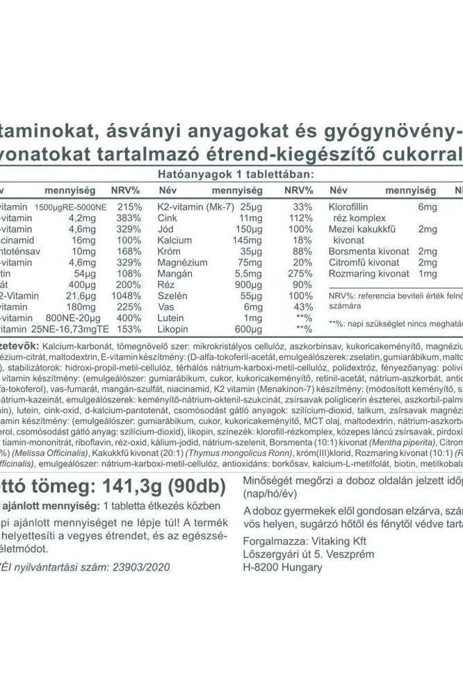 Nutritional information for Vitaking Daily One Multivitamin showing vitamins, minerals, and ingredients.