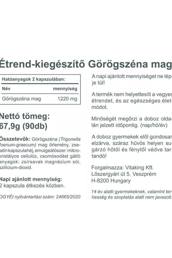 Vitaking Fenugreek seed nutritional information label with ingredients and dosage details.