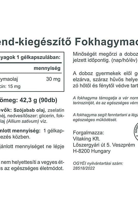 Label of Vitaking Garlic Oil supplement, detailing ingredients and nutrition facts in Hungarian.