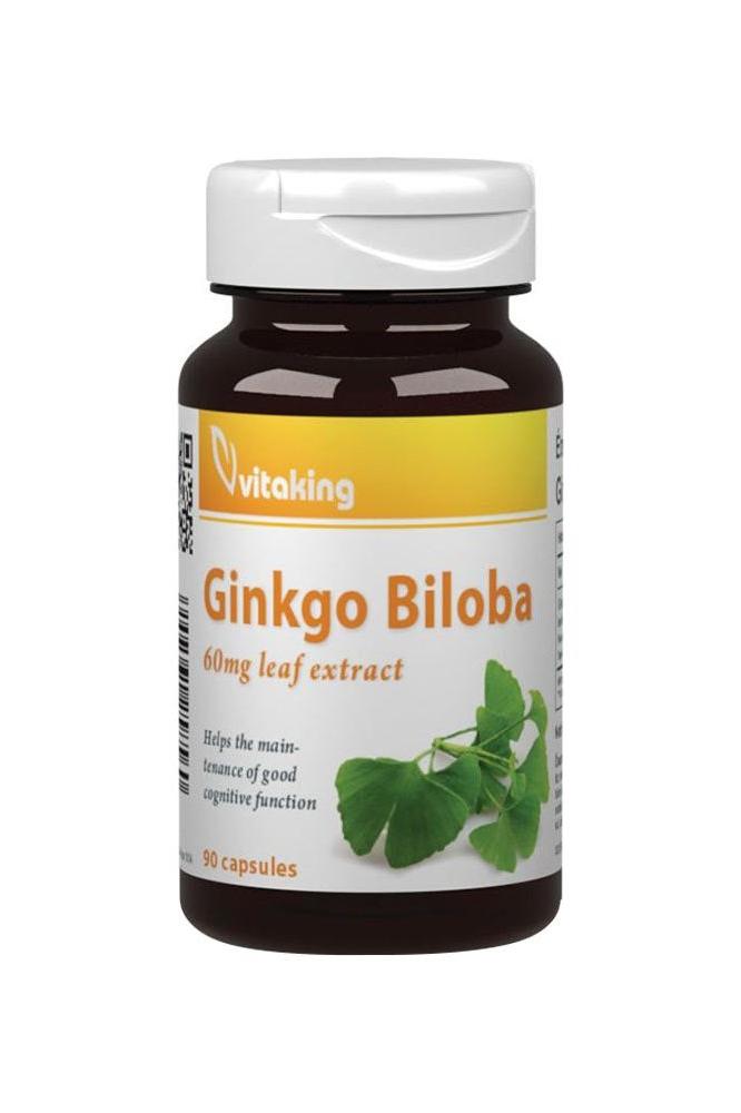 Vitaking Ginkgo Biloba 60mg leaf extract supplement bottle with 90 capsules for cognitive support and memory improvement.