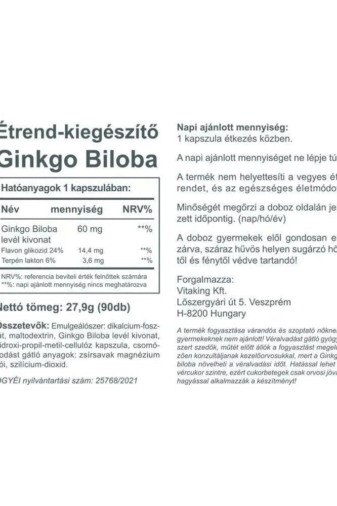 Ginkgo Biloba supplement facts label showing 60mg leaf extract per capsule, highlighting cognitive benefits and ingredients.