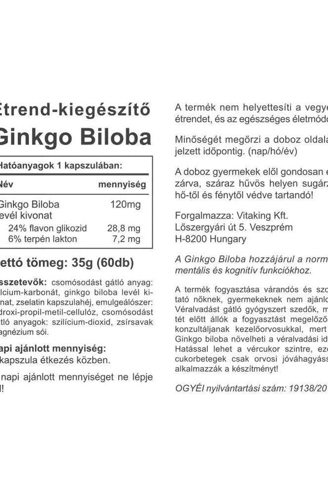 Vitaking Ginkgo Biloba Forte 120mg supplement facts and ingredients overview on packaging.