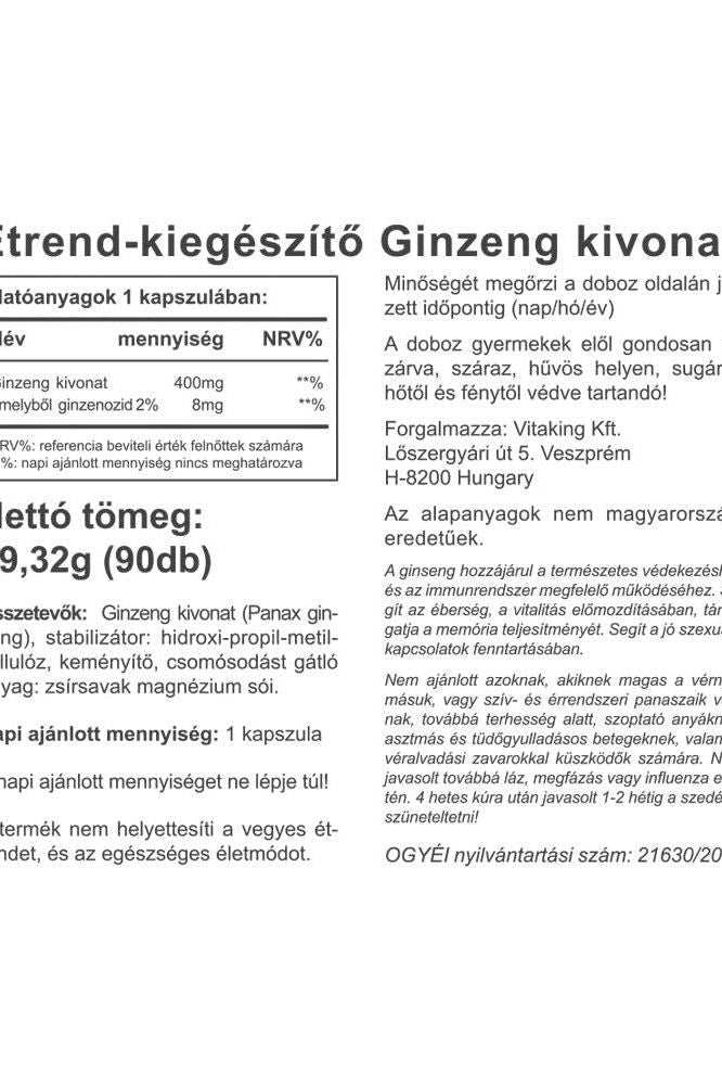Vitaking Ginseng Extract 400 mg supplement facts and usage information in Hungarian.
