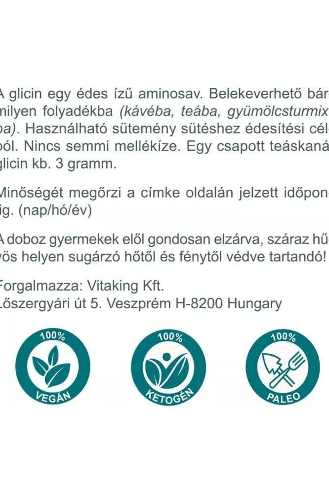 Vitaking Glycine powder packaging details highlighting vegan, keto, and paleo certifications.