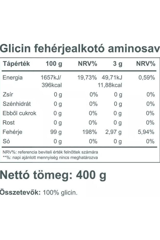 Nutritional information for Vitaking Glycine 100% pure powder, 400 g, detailing energy and amino acid content.