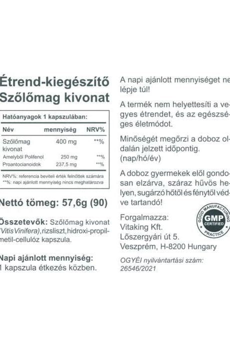 Vitaking Grapeseed Extract 400 mg supplement facts label with ingredients and usage instructions.