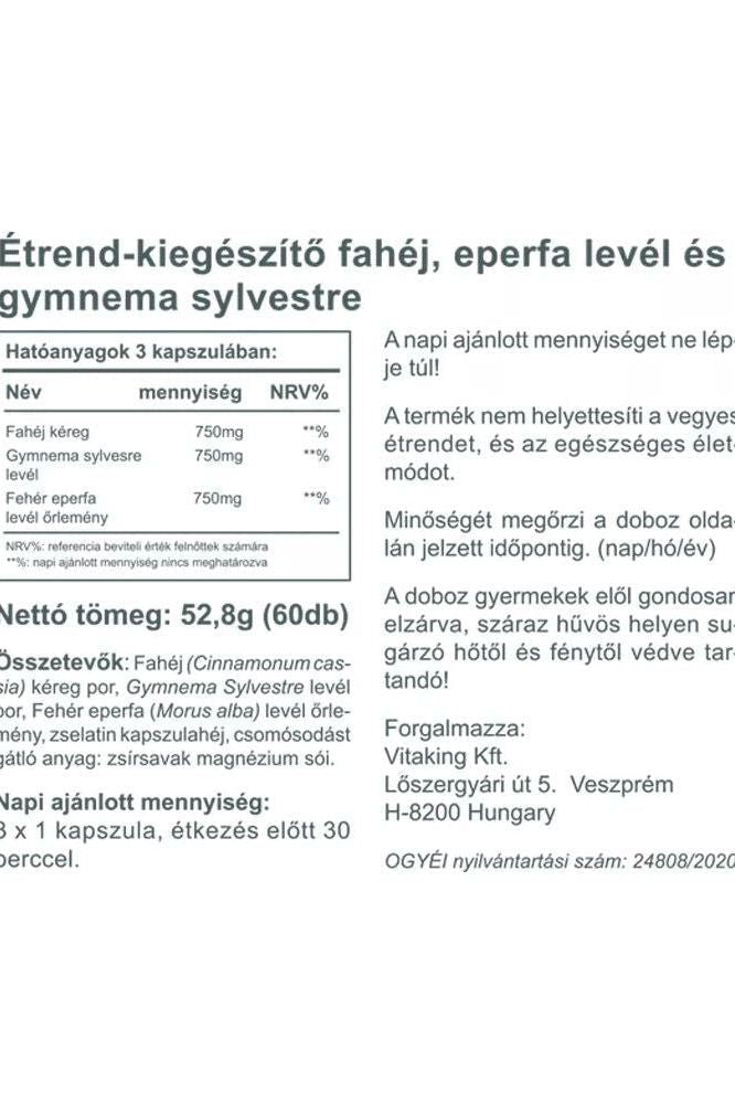 Supplement facts for Vitaking Gymnemax with mulberry and cinnamon, showing ingredients and nutritional values.