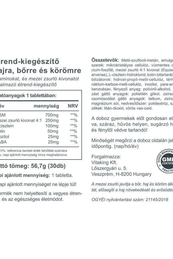 Vitaking Hair Skin & Nails vitamin label showing nutritional information and ingredients for hair, skin, and nail health.