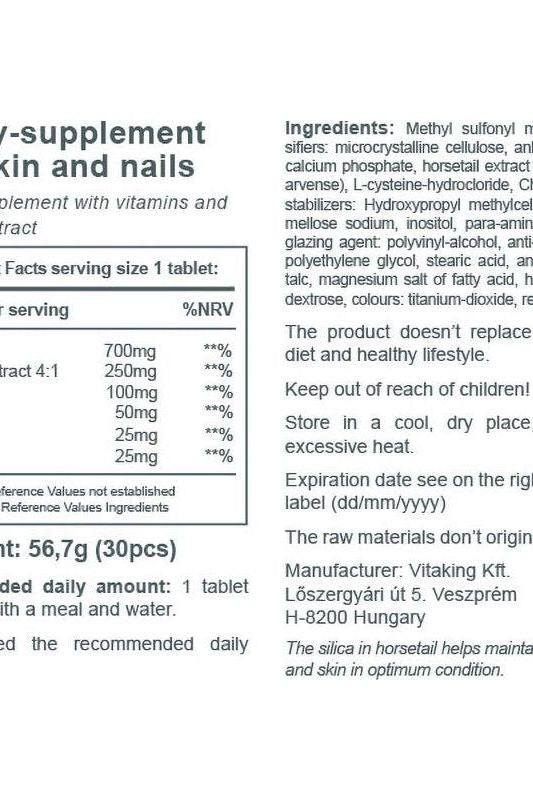 Nutritious information label for Vitaking Hair Skin & Nails vitamin supplement with detailed ingredients and serving size.