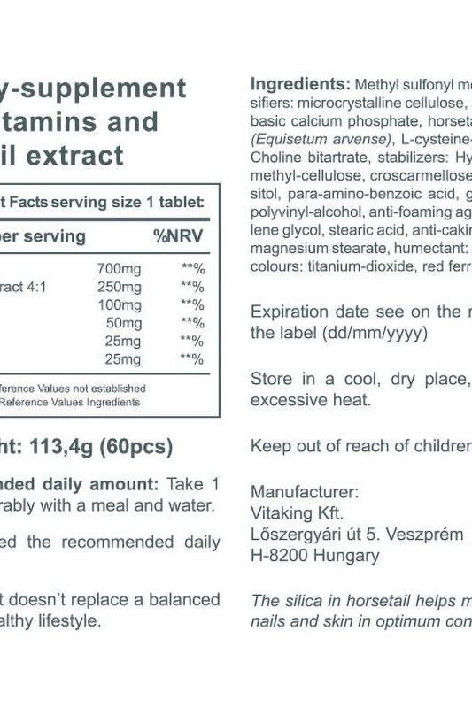 Vitaking Hair Skin & Nails Vitamin supplement facts label with ingredients and usage instructions.