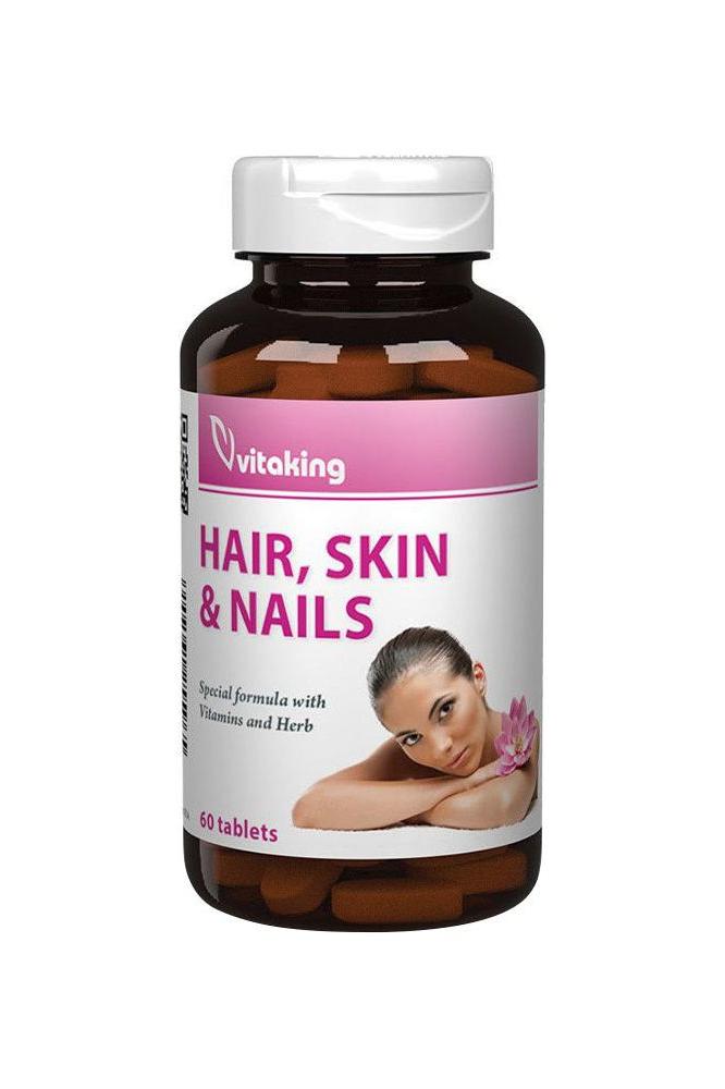Vitaking Hair Skin & Nails vitamin bottle, 60 tablets, supports healthy hair, skin and nails with essential nutrients.