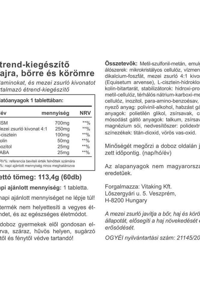 Vitaking supplement information label for hair, skin, and nails with detailed ingredients and nutritional values.