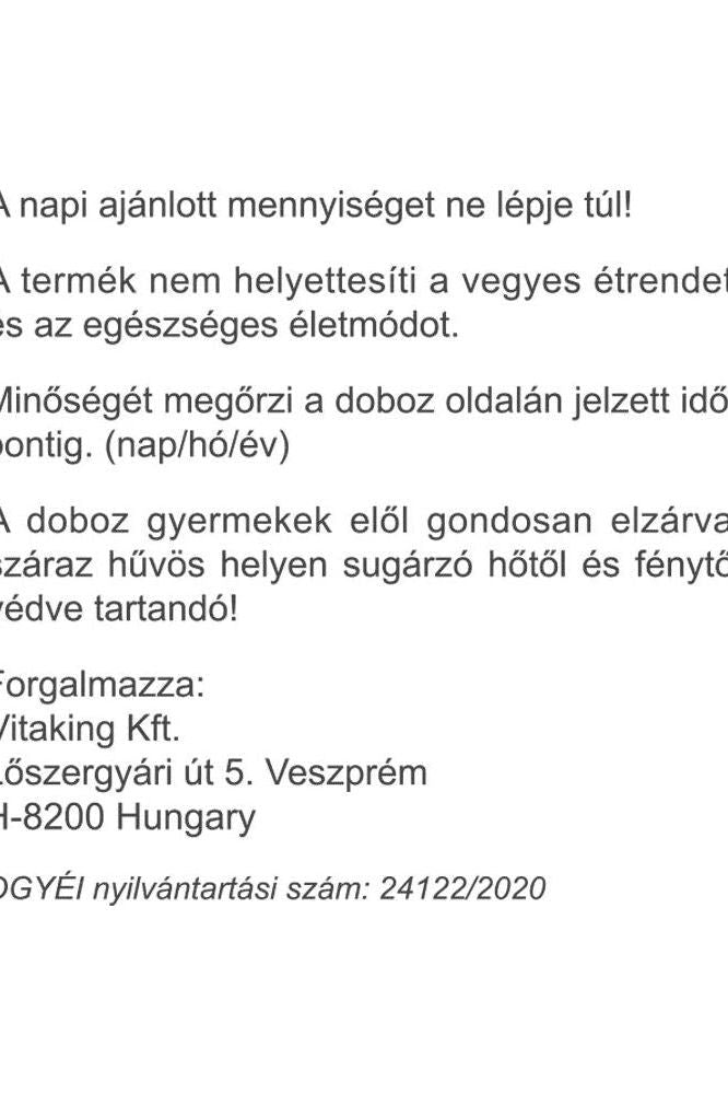 Instructions and storage guidelines for Vitaking Inositol product in Hungarian.