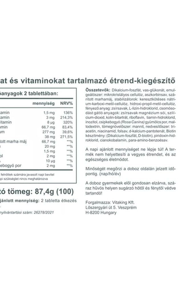 Supplement facts for Vitaking Iron All dietary supplement with ingredients and nutritional information.