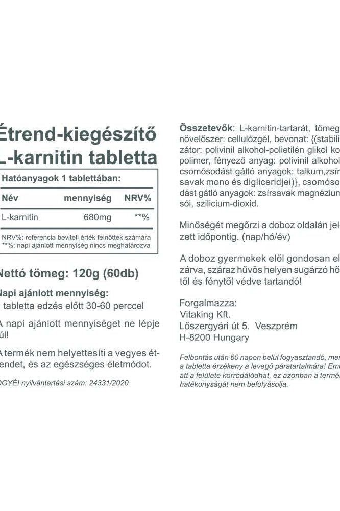 Vitaking L-Carnitine 680 mg supplement label, highlighting ingredients and usage information.
